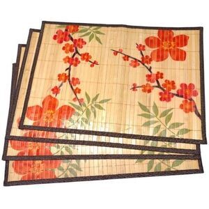 Set of 4 Placemats Asian Style Bamboo Cherry Blossoms Border Japanese 13x19"